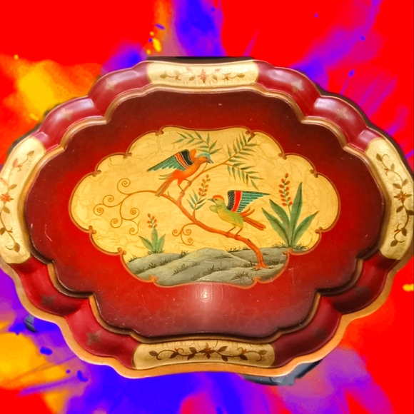 19th Century Scalloped Paper Mache Hand Painted Tray Bamboo Tea Table - Picture 5 of 16